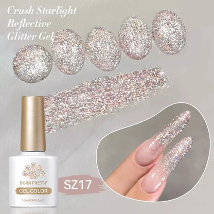 Silver carat glitter gel nail polish by Blushimmer with a sparkling, reflective shine in a 10ml bottle for UV nail art.