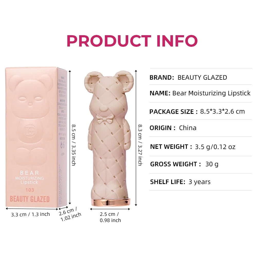 Beauty Glazed Bear moisturizing lipstick by Blushimmer featuring colorful, watery lip balm with nourishing, easy-to-apply texture.