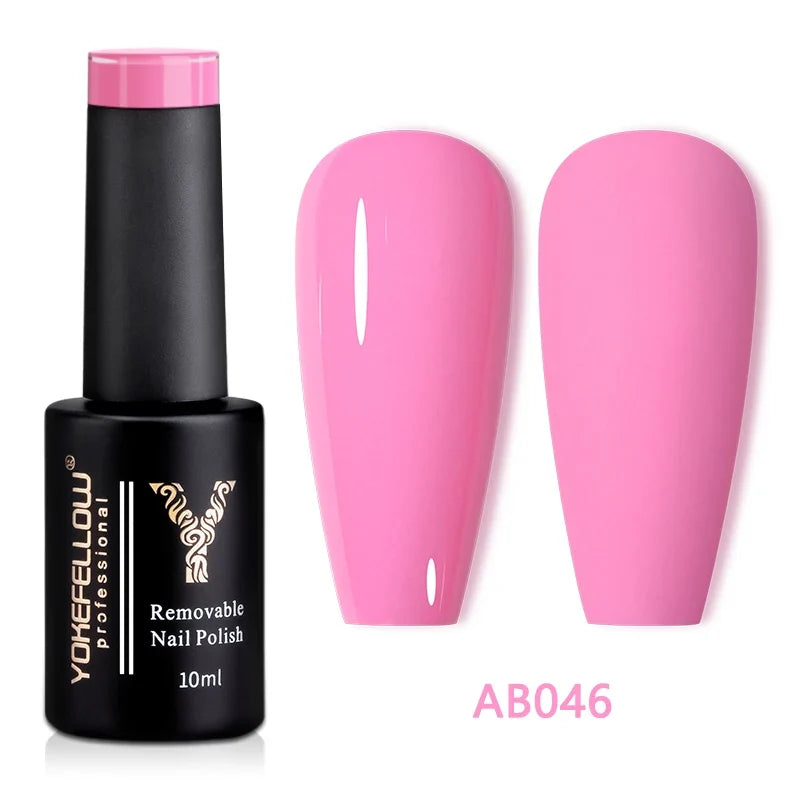 YOKEFELLOW 10ml translucent pink gel nail polish by Blushimmer, showing a smooth, glossy finish in a high-quality soak-off UV gel.