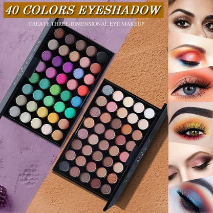 Blushimmer 40-color glitter eyeshadow palette with matte, waterproof, long-lasting pressed powder cosmetics for eye makeup.