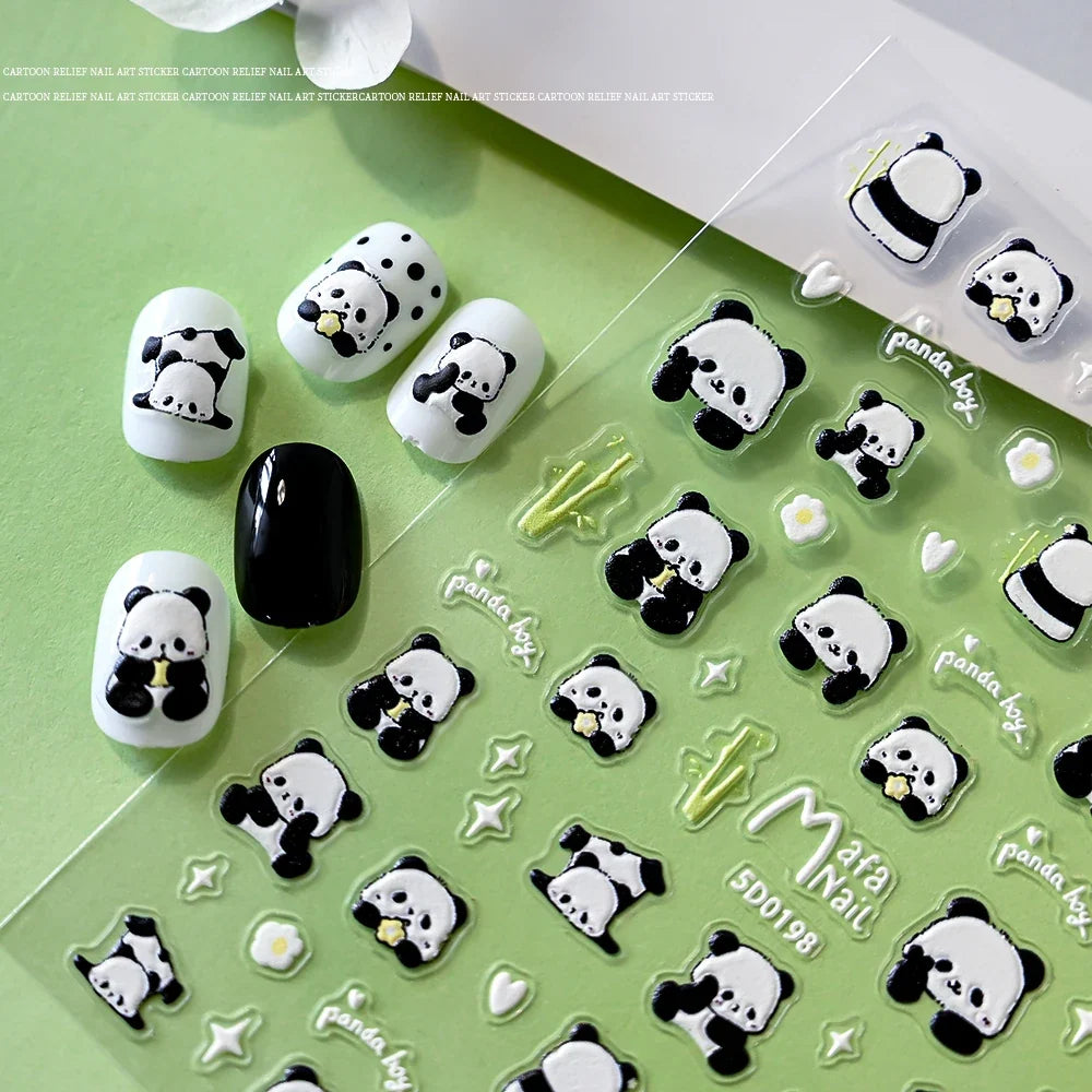 Close-up of Blushimmer 5D panda nail stickers featuring cute rabbit, flower, and animal designs for fun manicure decor.