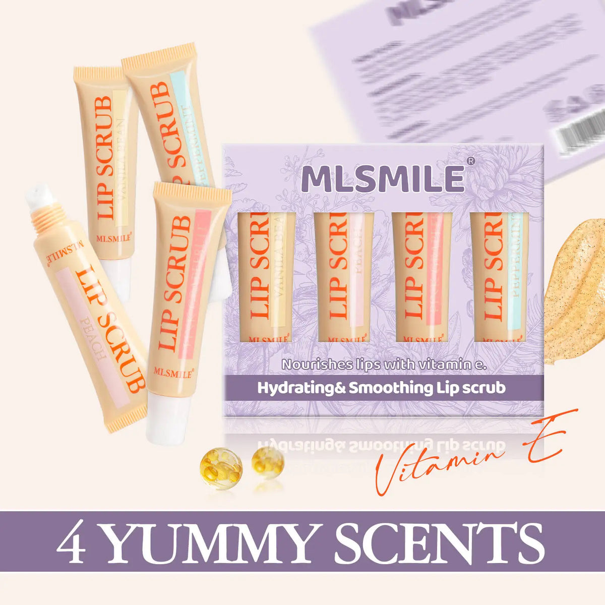 Blushimmer MLSMILE Scrub Set with exfoliating dead skin remover, lightening lines, and 4-pack lip balm set in a sleek package