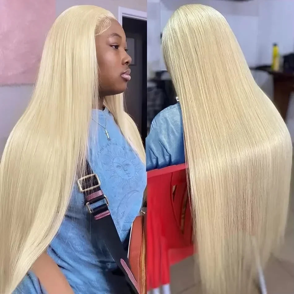 Blonde 40-inch human hair lace frontal wig with 13x6 transparent lace, pre-plucked, straight style by Selvanelle
