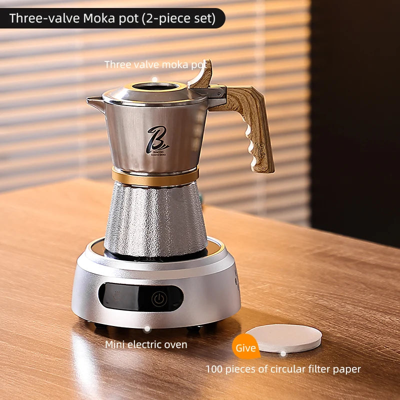 Bincoo Three Valves Moka Pot,316 Stainless Steel Stovetop Espresso Maker 2 Cups,Espresso Coffee Pot Barista Accessories
