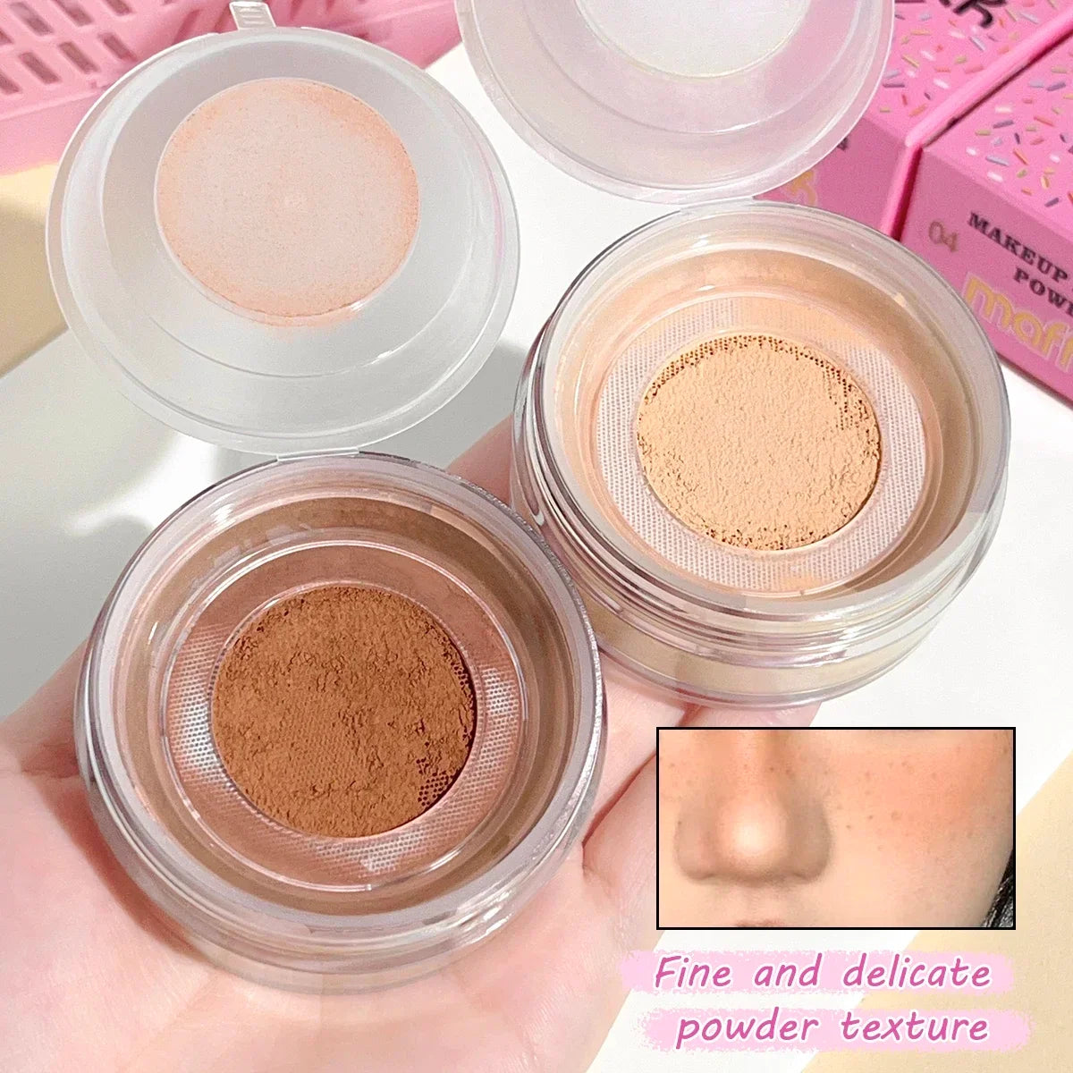 Blushimmer Sweet Heart Powder loose setting powder with soft, airy texture, oil-control, sweat-proof, waterproof, long-lasting finish.