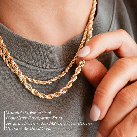 eManco 2/3/4/5MM  Rope Chain Necklace Stainless Steel Never Fade Waterproof Choker Men Women Jewelry Gold Color Chains Gif