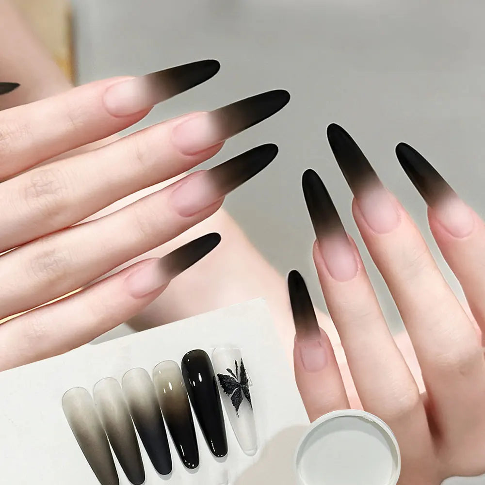 Black cushion gradient gel polish by Blushimmer showing ombre black to dark gray nail art with a glossy finish for UV/LED manicures.