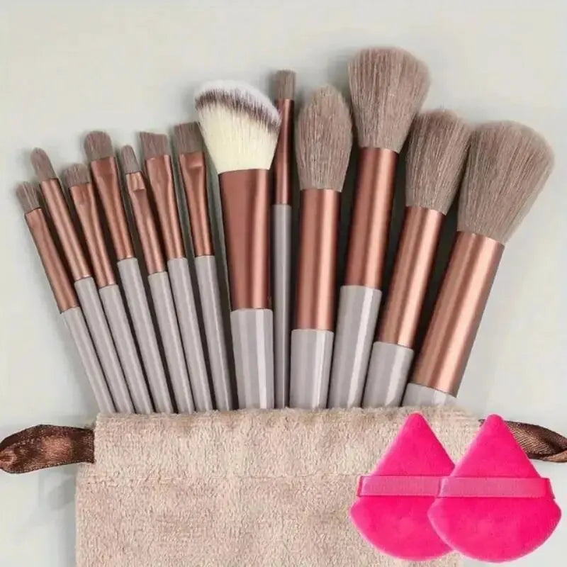 Set of Blushimmer makeup brushes including foundation, powder, eyeshadow, kabuki, and blending brushes for professional cosmetic application