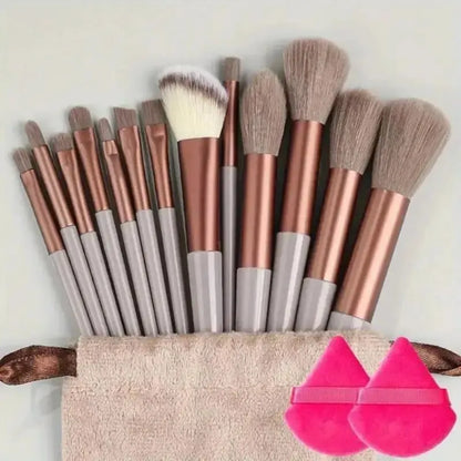 Set of Blushimmer makeup brushes including foundation, powder, eyeshadow, kabuki, and blending brushes for professional cosmetic application
