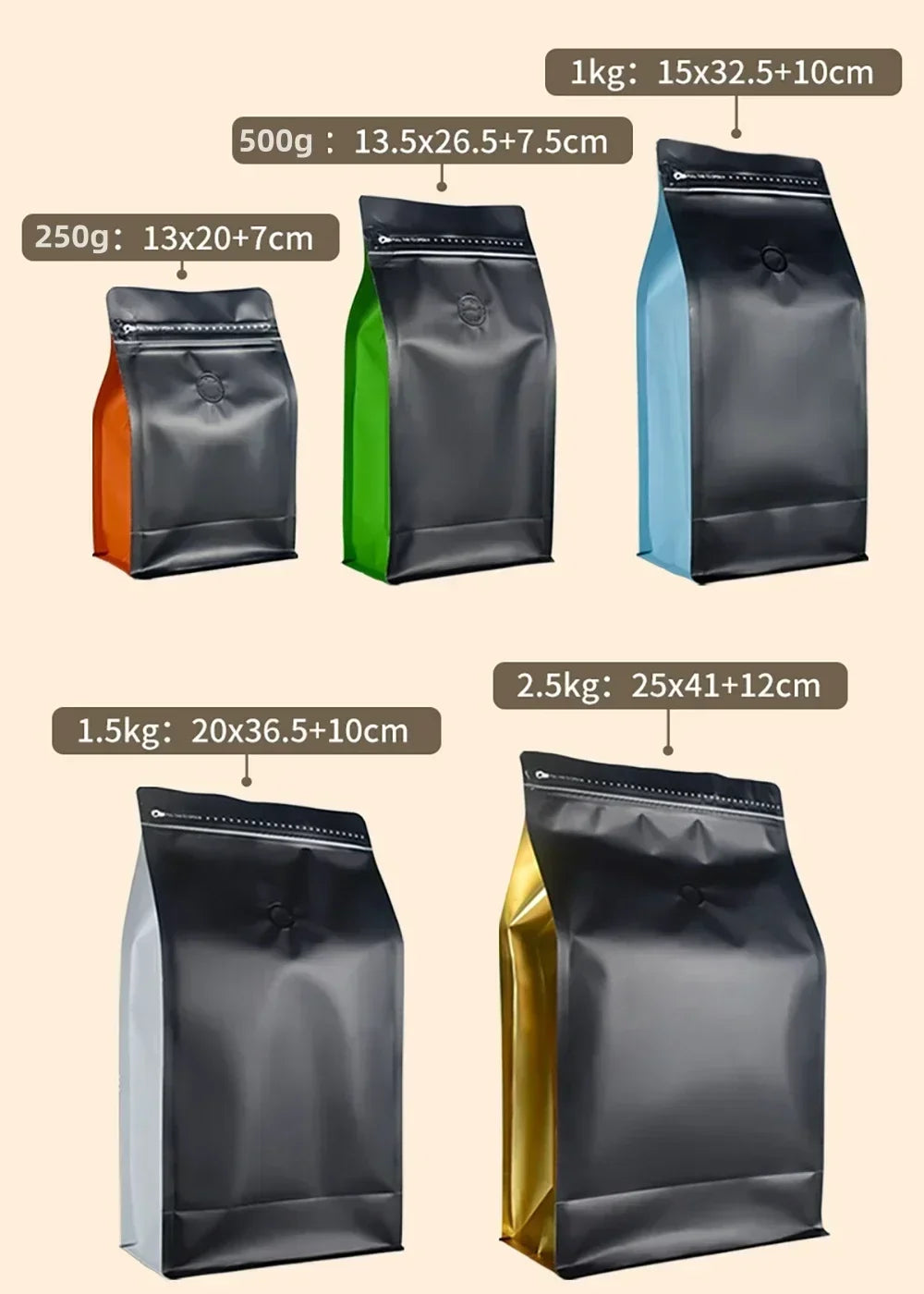 50pcs Smell Proof  Aluminium Foil Coffee Bean Powder ZipLock Packaging With Valve 125g 250g 500g 1kg Chocolate Tea Nut Bags