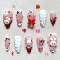 24-piece wine red almond press-on nails by Blushimmer with cartoon rabbit, bowknot, plaid, and pearl designs for girls