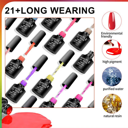 Blushimmer 28-piece gel nail polish set with colorful, matte, and glossy UV gel bottles for professional manicures.