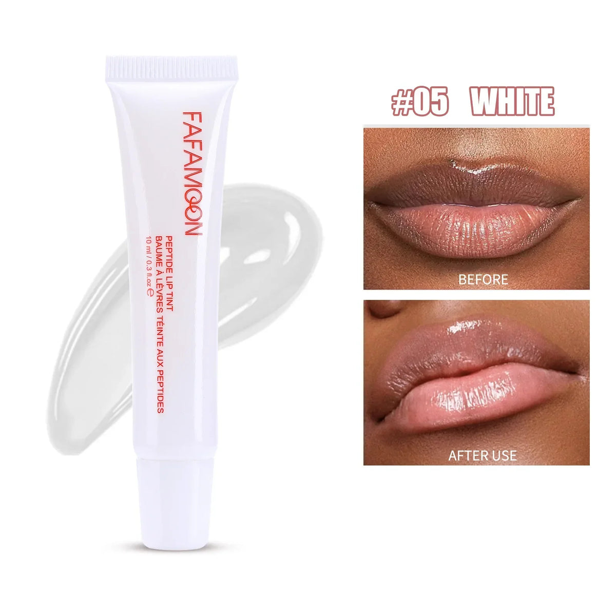Blushimmer soft tube lip gloss with nude brown shade, moisturizing and plumping, transparent lip oil for shiny, smooth lips.
