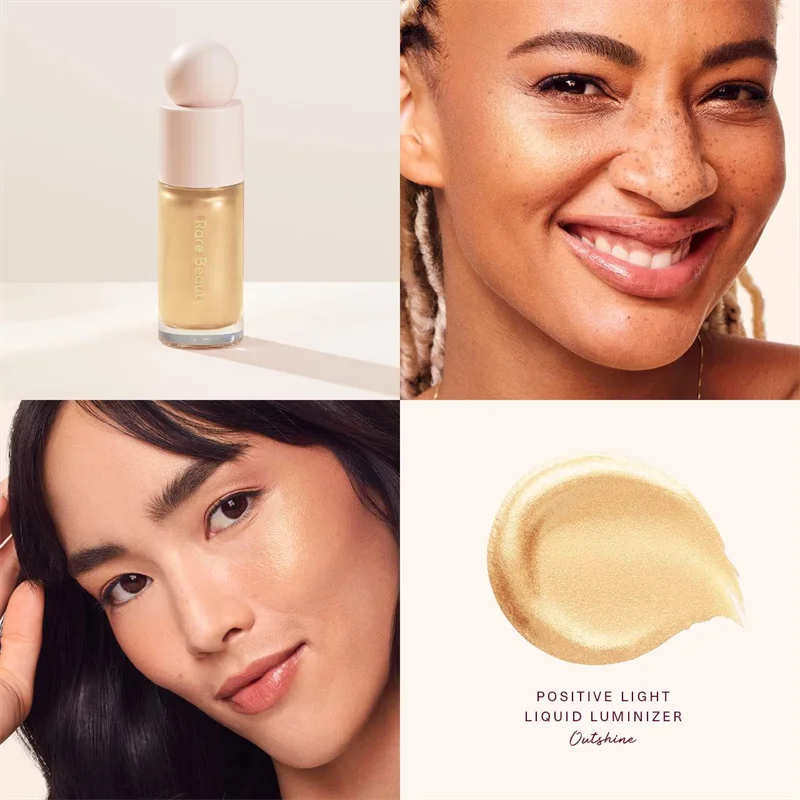 Blushimmer Rare Beauty Positive Light liquid contour and luminizer, highlighting face with a shimmering, natural glow.