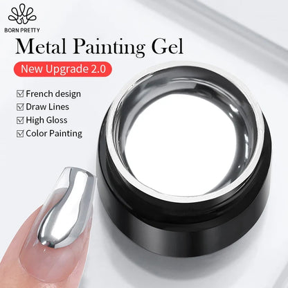 Born Pretty metallic silver gel polish by Blushimmer, 5ml, showing a shiny mirror finish for nail art and soak-off gel nails.