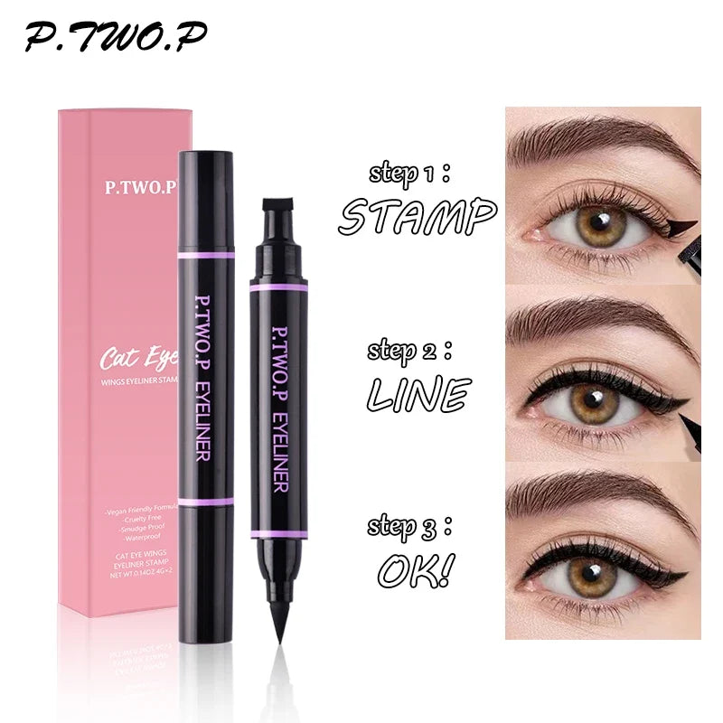 Blushimmer PTWOP 2-piece winged eyeliner stamp and liquid pencil set in black, featuring precise winged eyeliner tools.