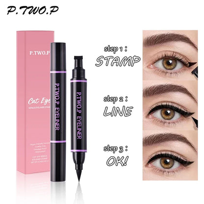 Blushimmer PTWOP 2-piece winged eyeliner stamp and liquid pencil set in black, featuring precise winged eyeliner tools.