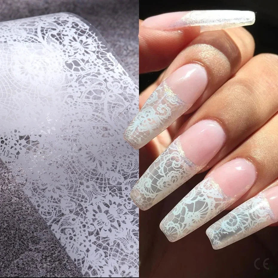 Blushimmer black and white lace nail art foil set with 10 transfer sticker rolls for DIY manicure nail decoration.
