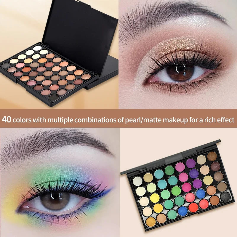 Blushimmer 40-color glitter eyeshadow palette with matte, waterproof, long-lasting pressed powder for versatile eye makeup looks
