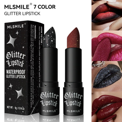 Blushimmer 7Colors glitter lipstick in black with diamond pearlescent finish, waterproof, long-lasting metallic lip gloss for women.
