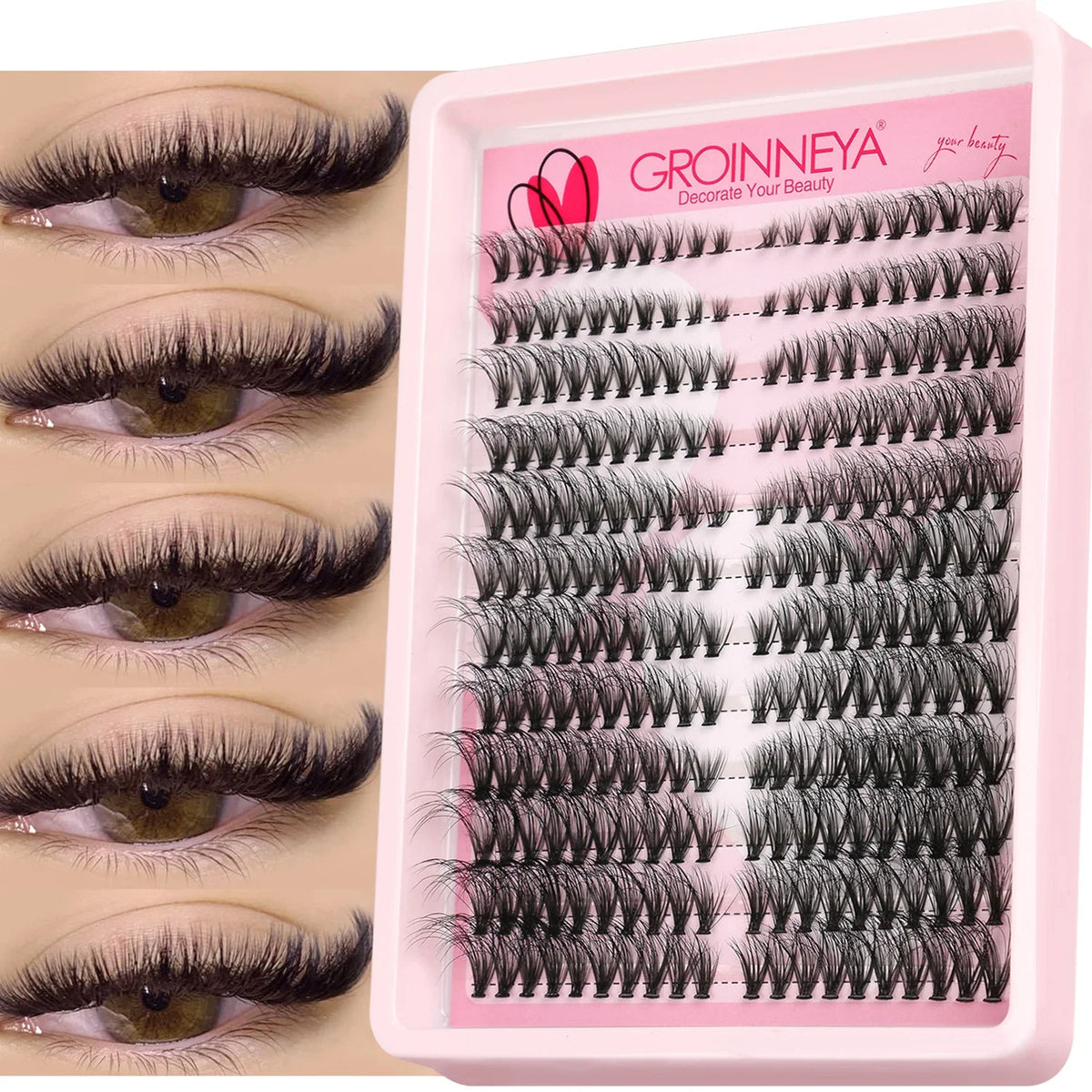 Blushimmer Groinneya Lashes Clusters with wispy, fluffy cat-eye style for DIY eyelash extensions and volume makeup.