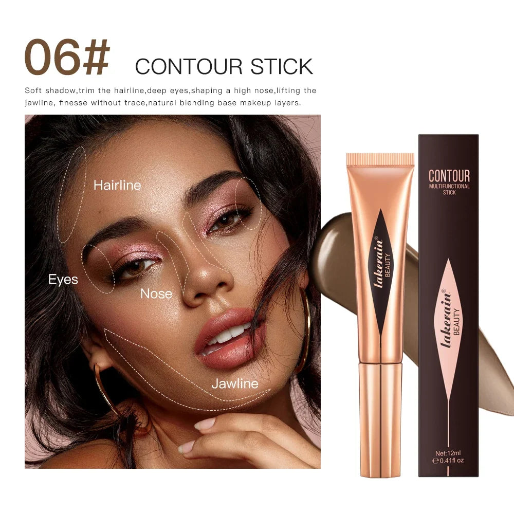Blushimmer liquid contouring highlighter stick with matte finish, brightening primer, nose shadow, and small V-face blush highlight.