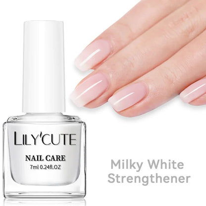 LILYCUTE 7ML Milky White Pink Nail Care Polish by Blushimmer, long-lasting, fast-drying nail strengthener and varnish in a small bottle.
