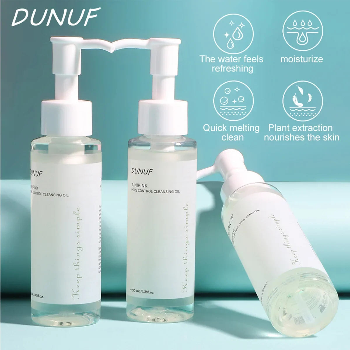 Blushimmer DUNUF 100ML cleansing oil with plant extracts for deep pore cleansing, moisturizing, and blackhead reduction on face.