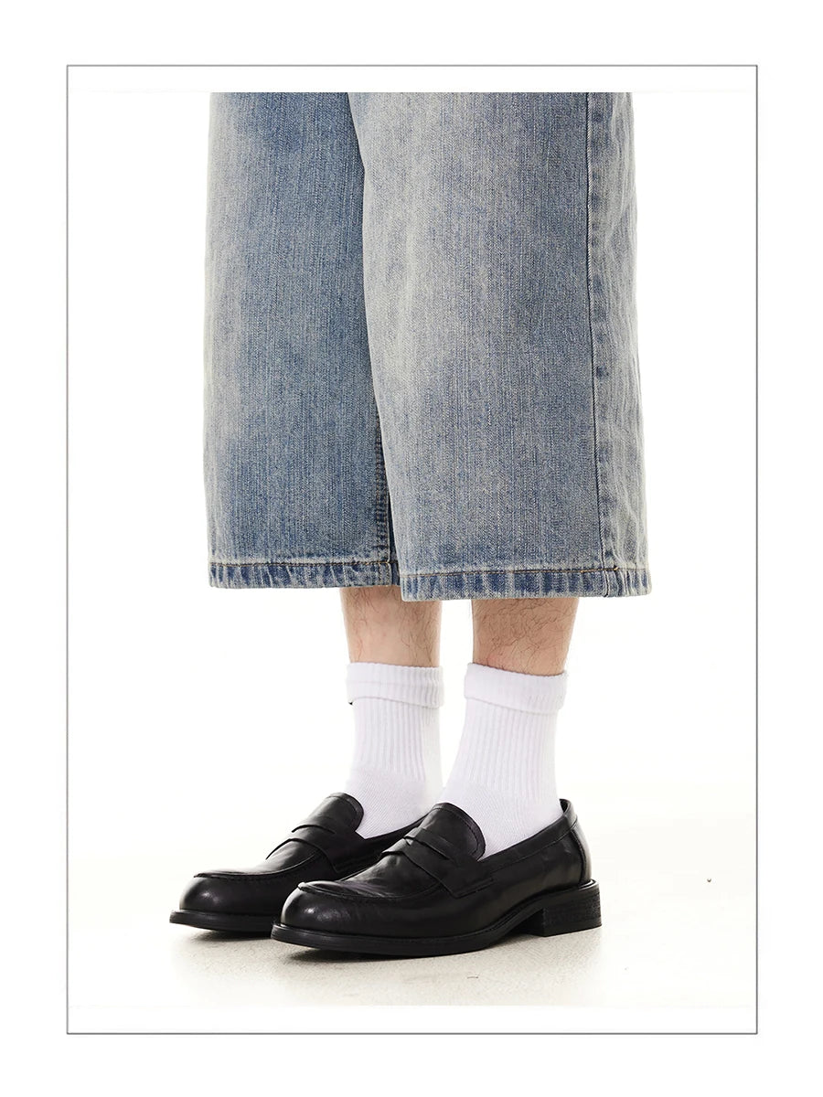 Elegant slip in loafers for men classic commuting square toe genuine cowhide derby formal dress leather shoes