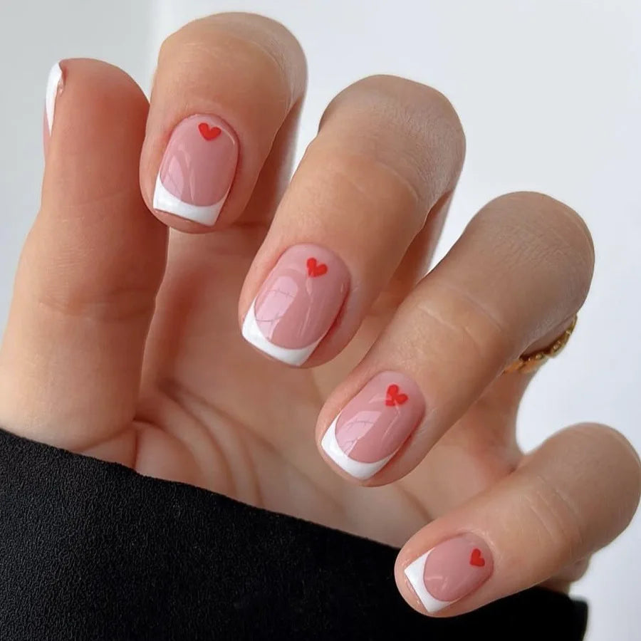 Set of 24 pink and white gradient square false nail tips with French press design by Blushimmer, includes jelly glue for short full cover nails