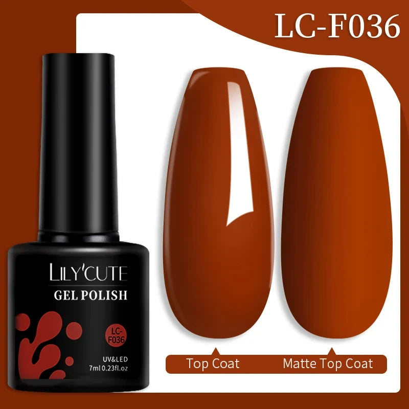 Colorful LILYCUTE 7ML gel nail polish bottles in various shades, showcasing long-lasting semi-permanent UV gel nail art by Blushimmer.