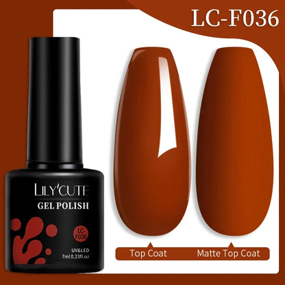 Colorful LILYCUTE 7ML gel nail polish bottles in various shades, showcasing long-lasting semi-permanent UV gel nail art by Blushimmer.