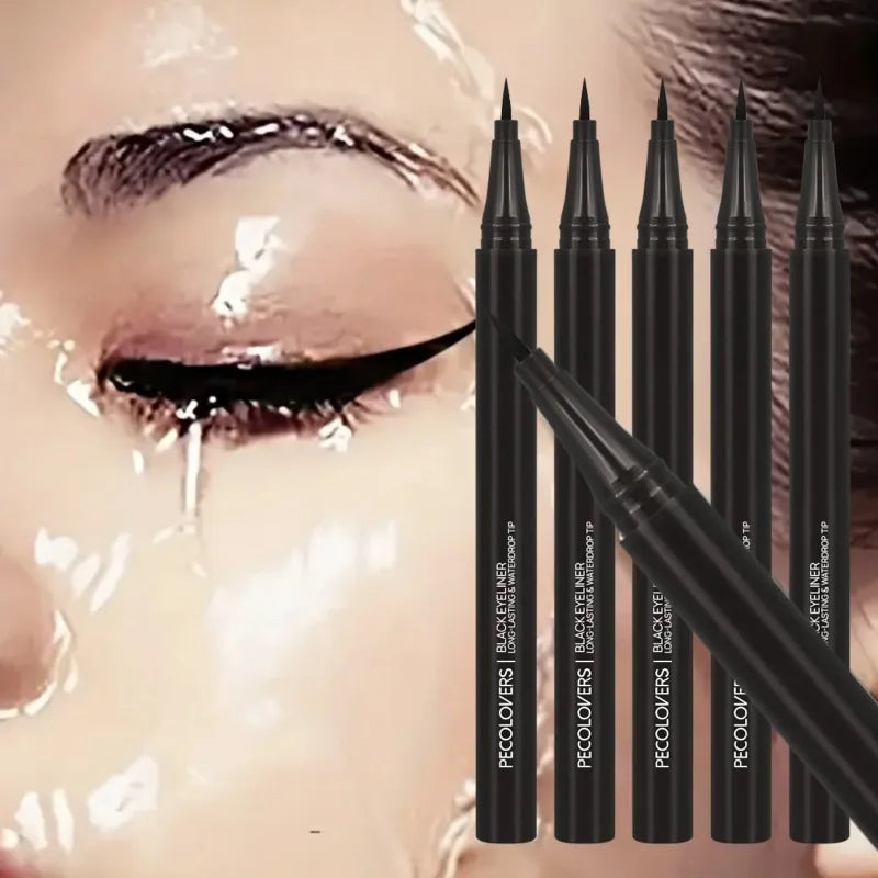 Set of 5 Blushimmer waterproof liquid eyeliner pens with ultra-fine tips for long-lasting, black eye makeup.