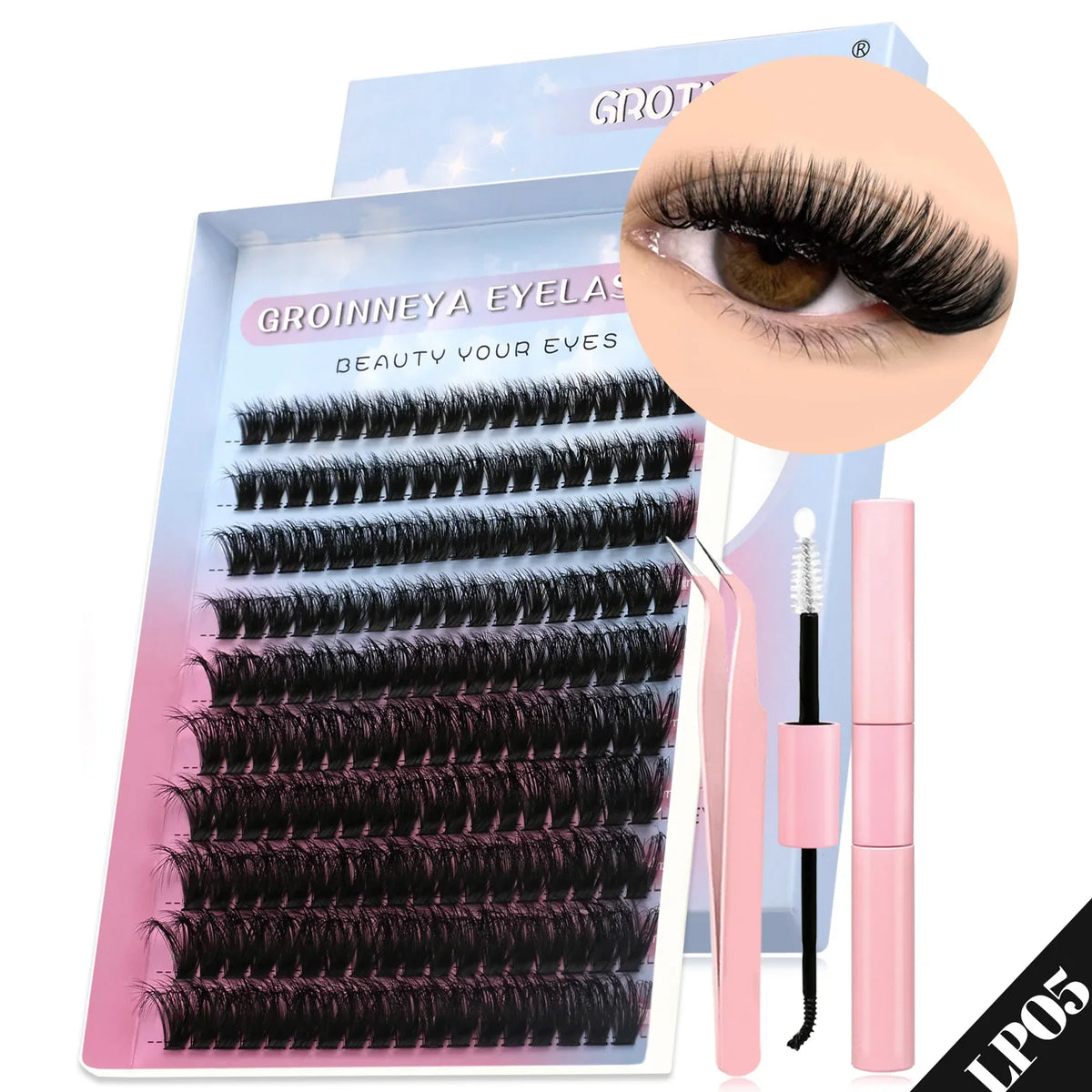GROINNEYA Lash Clusters Kit Cat Lashes 640 Pcs with Lash Bond & Seal Cluster Eyelash Extensions Eyelash Clusters Kit DIY at Home