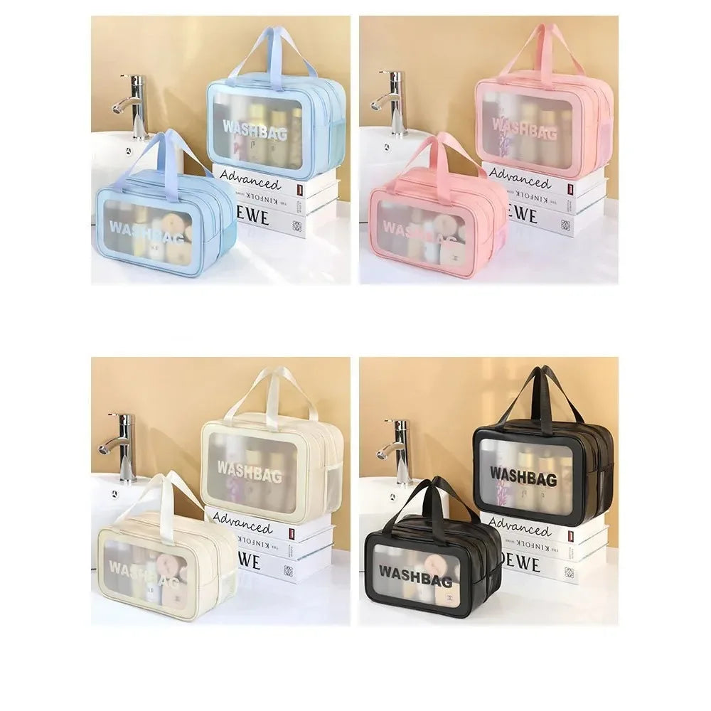 Blushimmer double transparent PU makeup bag with dry-wet separation, portable cosmetic storage for travel, fitness, and swimming essentials.
