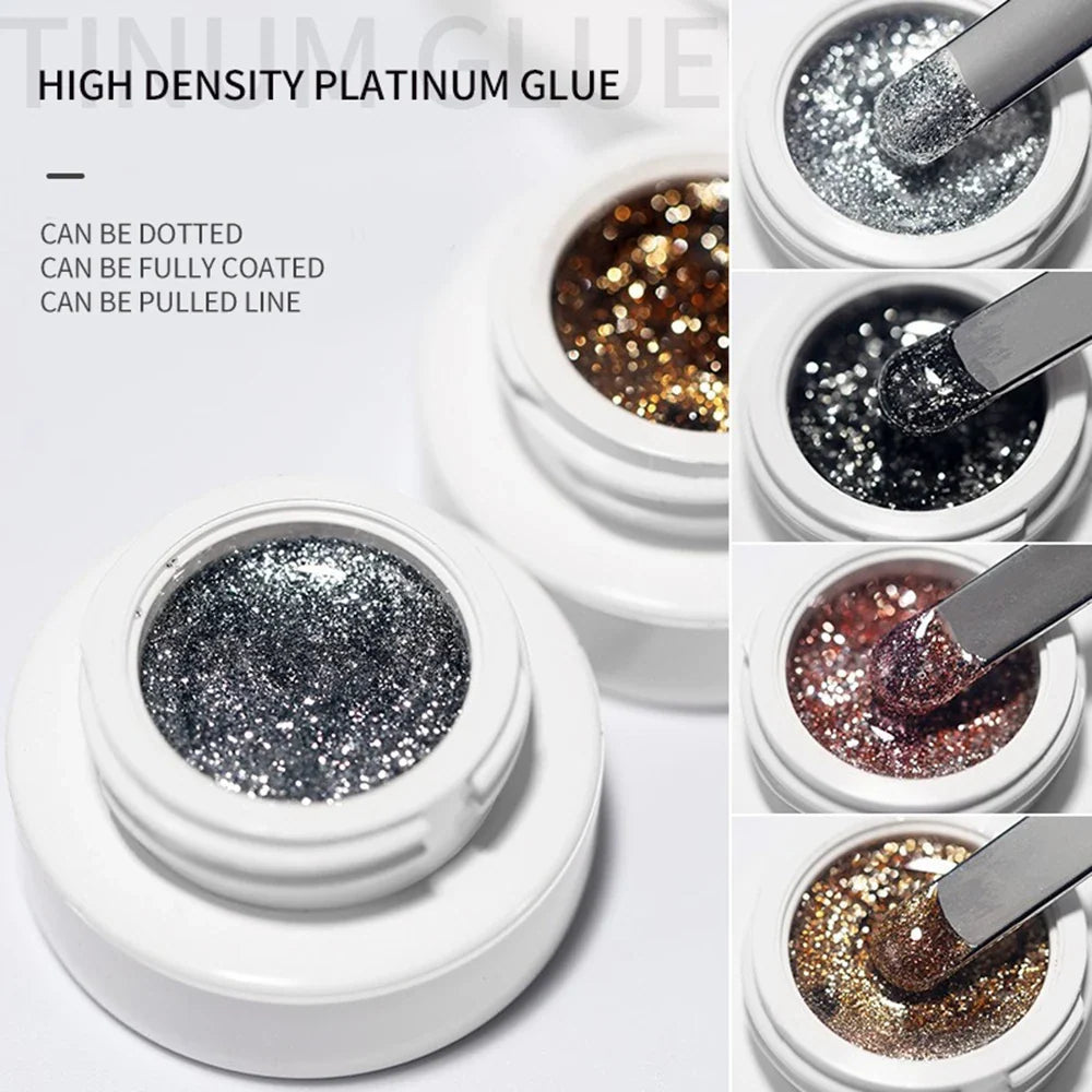 Blushimmer silver and gold metallic nail gel polish with UV glitter and embossed reflective finish for professional nail art.
