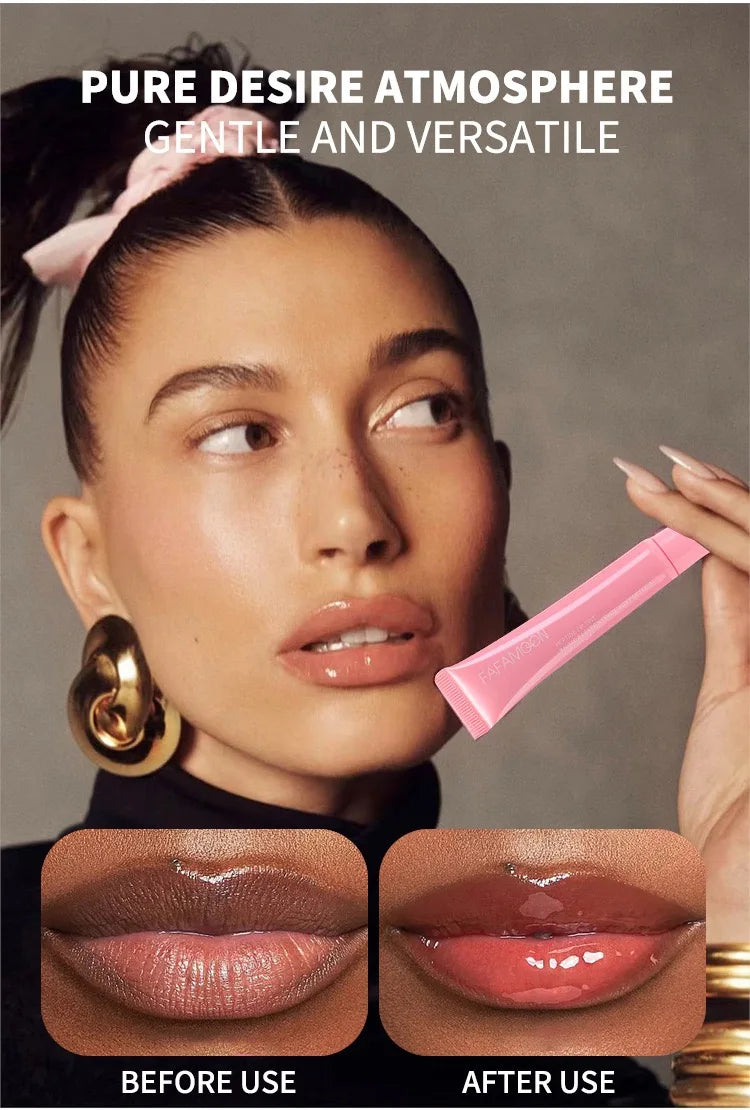 Blushimmer soft tube lip gloss in nude brown with plumping and moisturizing effects, transparent and glossy for beautiful lips.