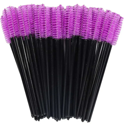 Set of 50 disposable makeup eyelash brushes with crystal diamond handles and mascara wands for eyelash extension and eyebrow application.
