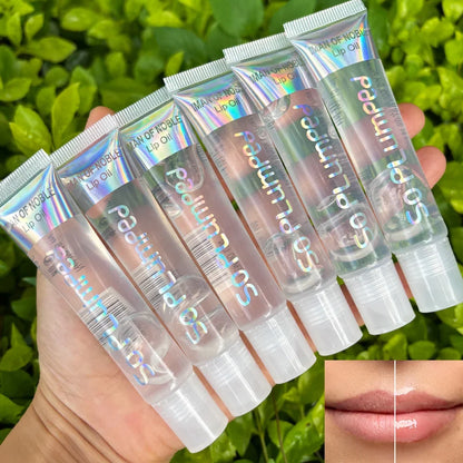 Set of 6 fruity flavor watery glossy lip glosses by Blushimmer, featuring clear, hydrating, and moisturizing lip gel for women.