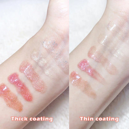 Blushimmer Sweet sparkling lip glaze mirror lip shine water gloss in transparent, glossy finish, highlighting a smooth, shiny lip look.