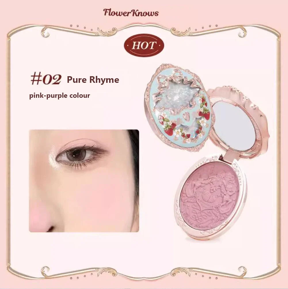 Blushimmer Flower Knows Strawberry Rococo blush palette with embossed berry shades, featuring professional 5g blush powder for makeup.