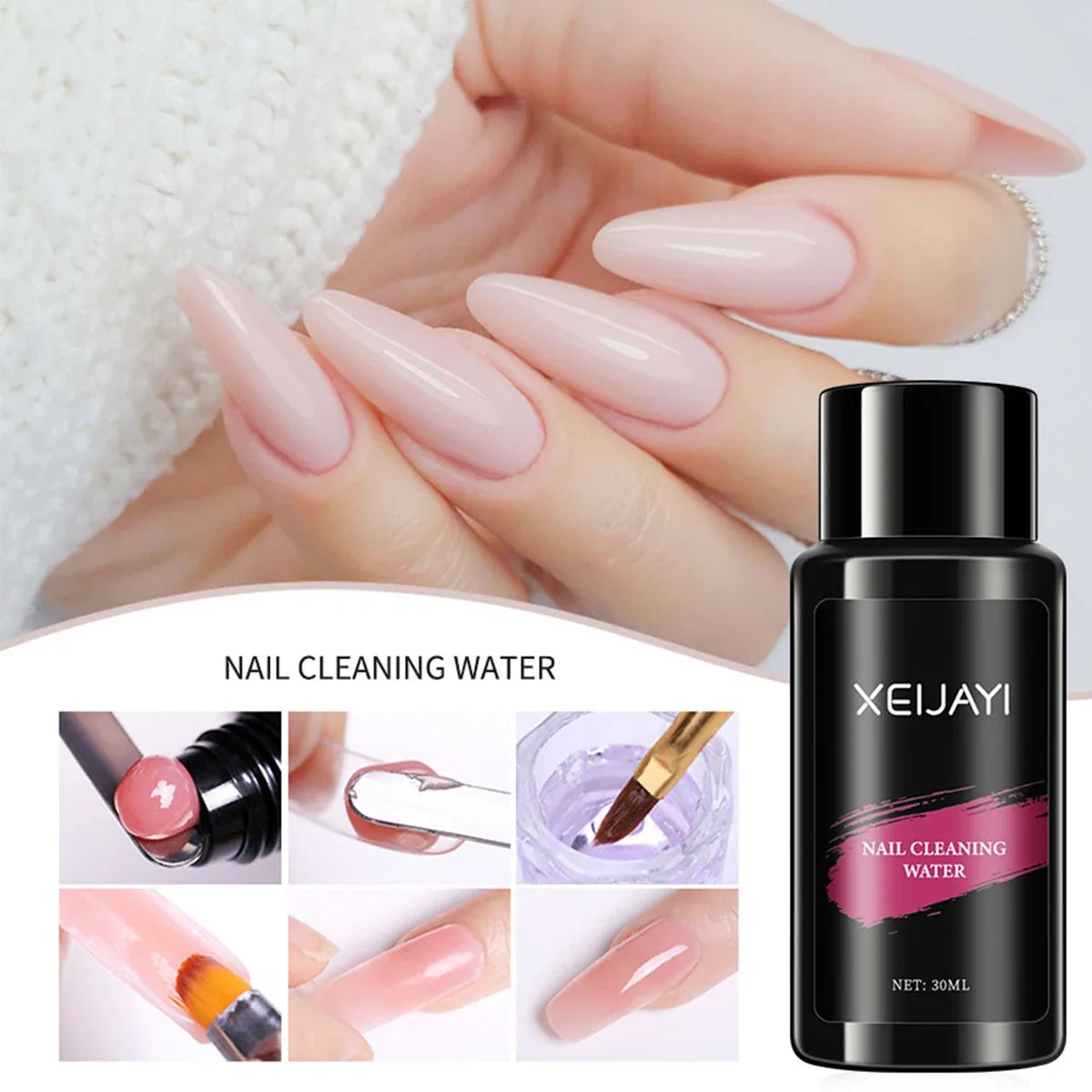 Three-piece Blushimmer poly nail gel set including extension gel, base and top coats, cleaning water, and nail mold kit.
