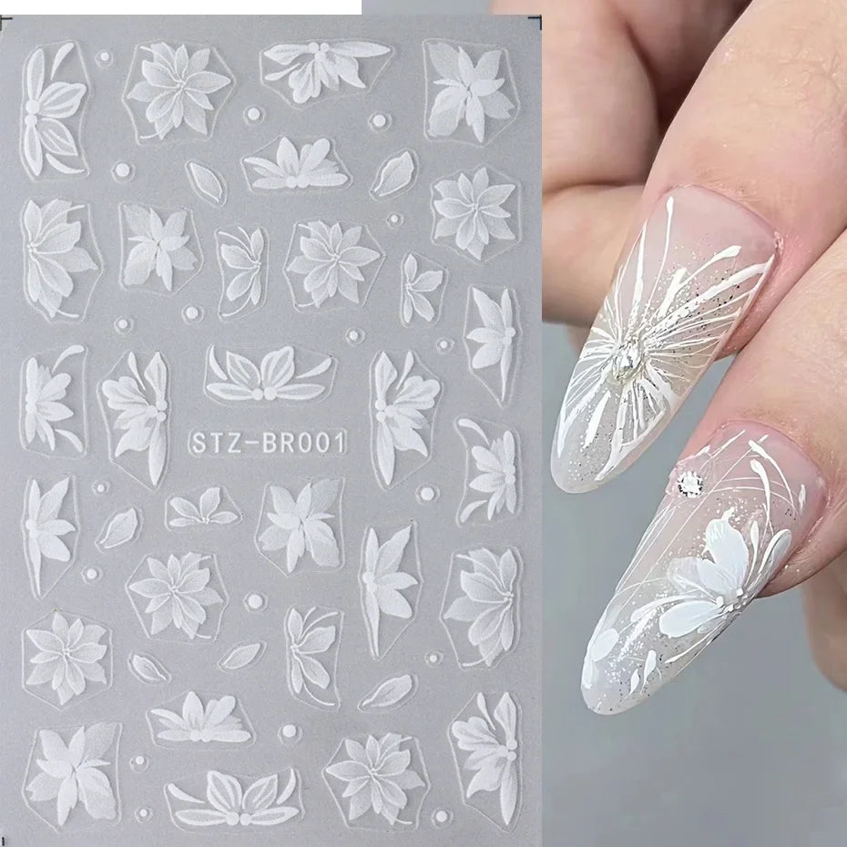Blushimmer 3D white flower nail art stickers with cute floral designs, adhesive acrylic decorations for DIY nail charm embellishments
