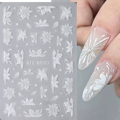 Blushimmer 3D white flower nail art stickers with cute floral designs, adhesive acrylic decorations for DIY nail charm embellishments