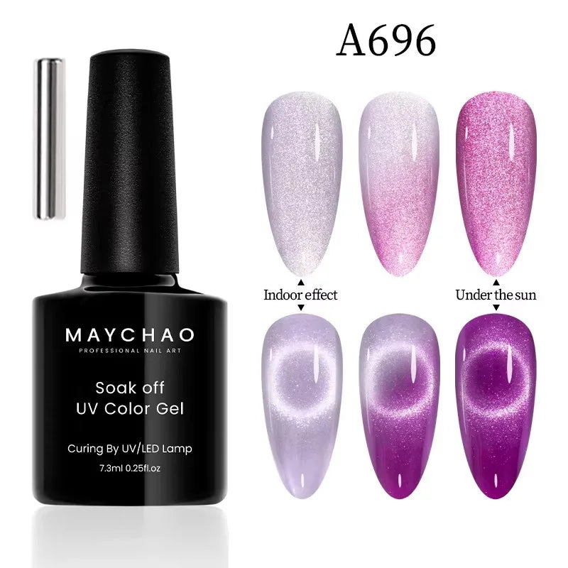 Blushimmer MAYCHAORomantic Galaxy cat eye gel nail polish with holographic rainbow effects and magnetic design, soak-off UV gel.
