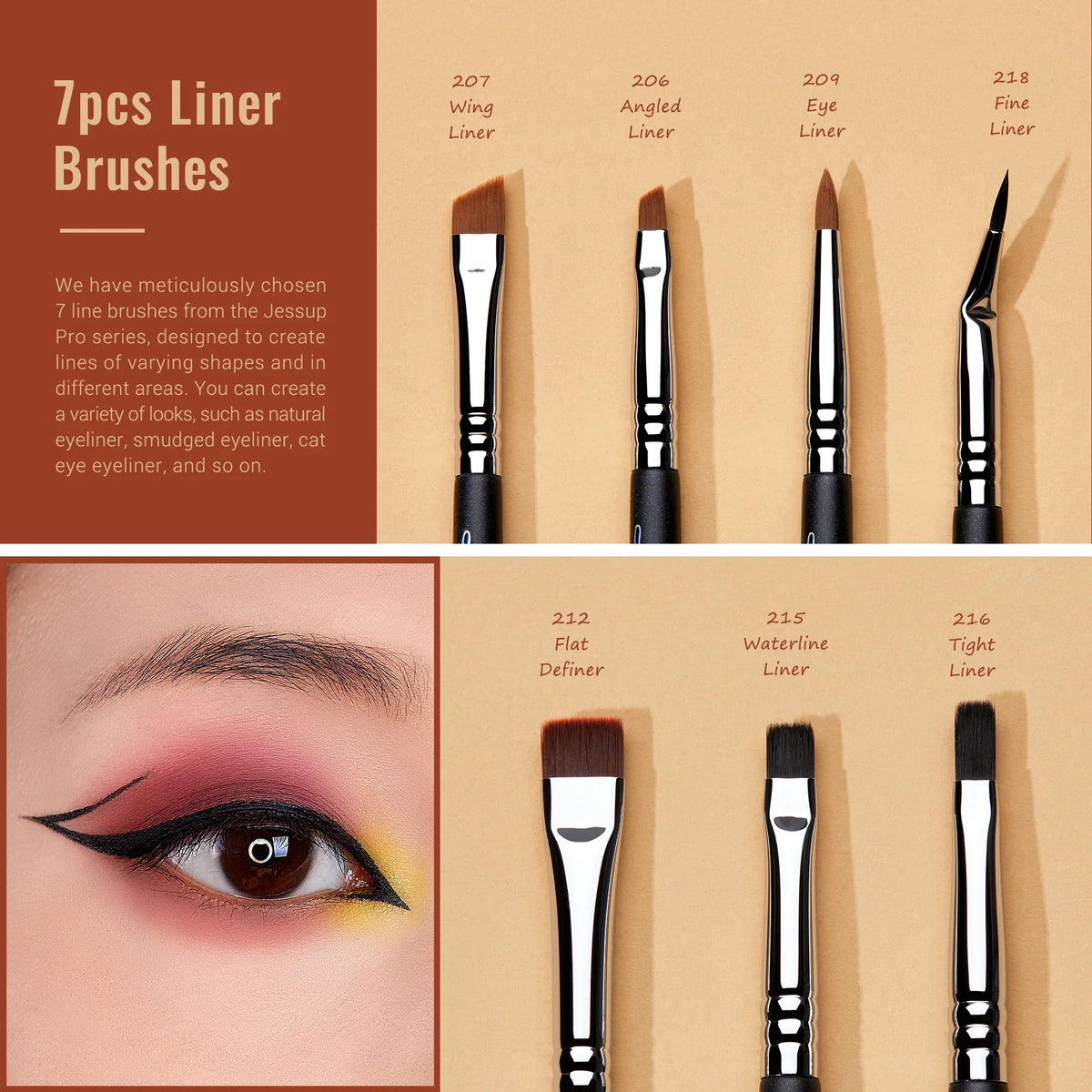 Blushimmer Jessup eye makeup brush set with synthetic blending, eyeshadow, and eyebrow crease shader brushes for professional eye makeup.