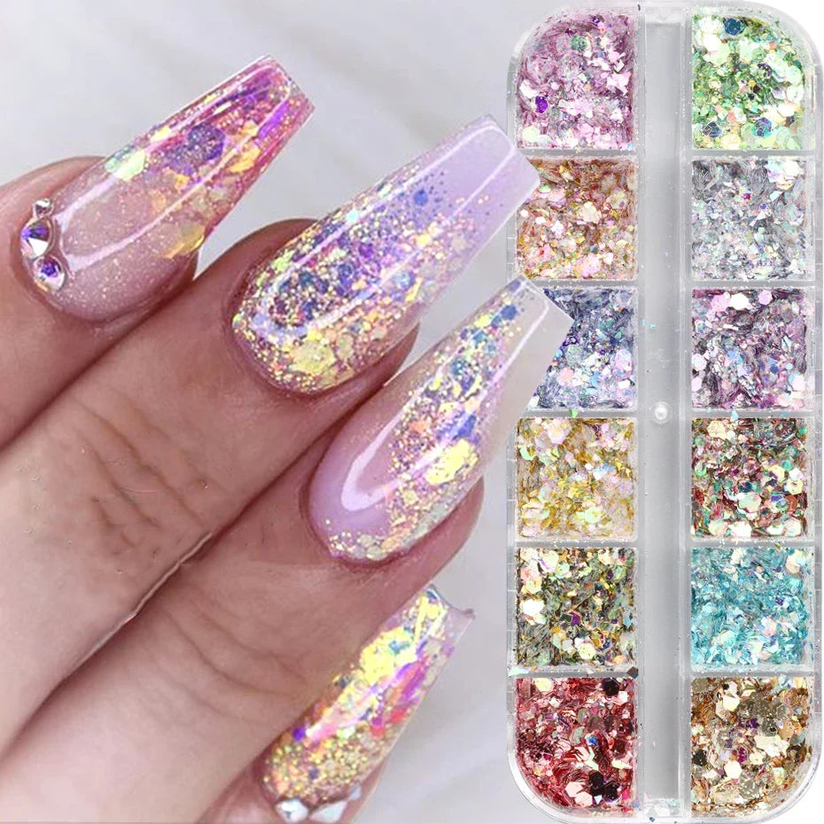 Iridescent mixed hexagon nail glitter sequins and holographic flakes for nail art and gel polish manicure by Blushimmer.