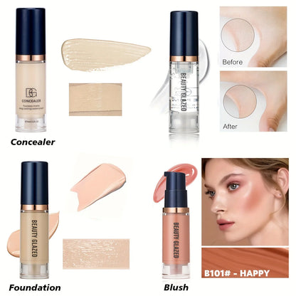 4Pcs Set Primer + Concealer + Liquid Foundation + Liquid Blush Matte Velvet Waterproof Foundation Blush Makeup For Travel
