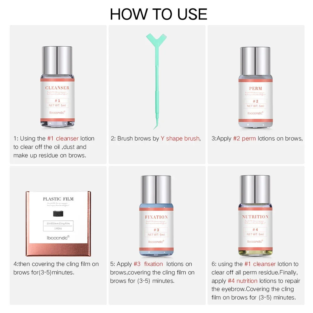 Blushimmer eyebrow lamination kit with perming lotion, keratin, cling film, and tools for home eyebrow lifting and shaping.