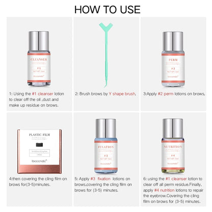 Blushimmer eyebrow lamination kit with perming lotion, keratin, cling film, and tools for home eyebrow lifting and shaping.